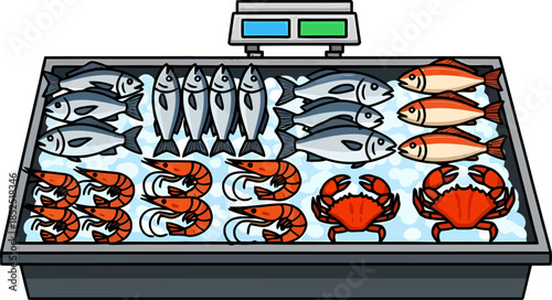 Assorted Seafood on Ice Display.