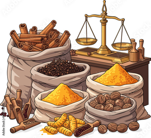 Assorted Spices and Herbs in Sacks.