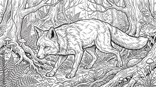 Illustration of a wolf walking through a forest with trees and foliage in a detailed, monochromatic style.