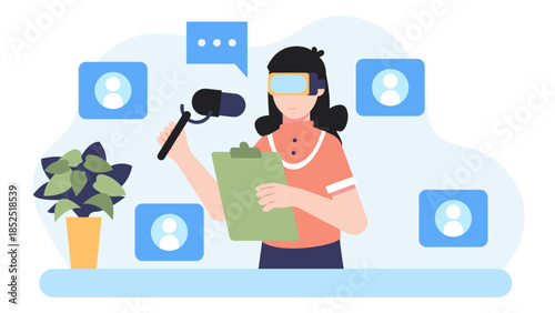 Virtual Reality Used for Public Speaking Practice. Flat Vector Illustration