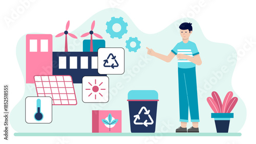 Green Tech Startup Developing Air-Purifying Billboards. Flat Vector Illustration