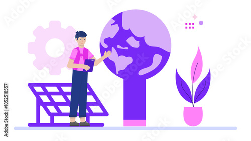 Green Tech Startup Developing Air-Purifying Billboards. Flat Vector Illustration