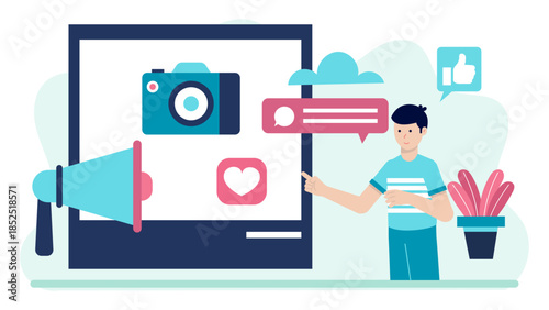 Social Media Team Launching an Influencer Campaign. Flat Vector Illustration