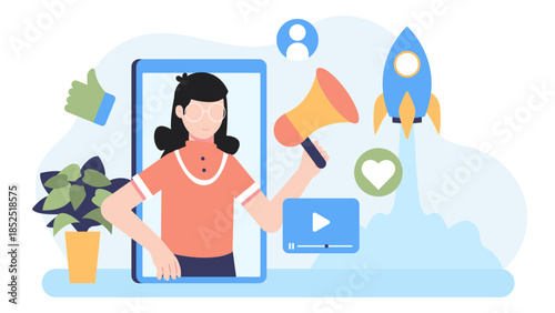 Social Media Team Launching an Influencer Campaign. Flat Vector Illustration