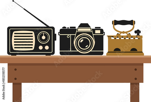 Vintage Radio Camera and Gramophone on Table.