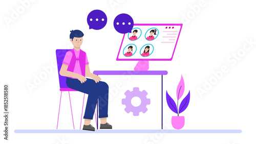 Remote Team Conducting a Retrospective Meeting. Flat Vector Illustration