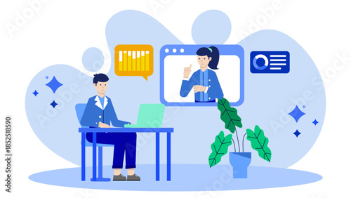 Remote Team Conducting a Retrospective Meeting. Flat Vector Illustration