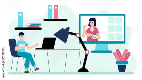 Remote Team Conducting a Retrospective Meeting. Flat Vector Illustration