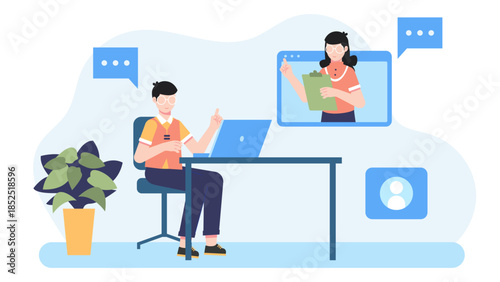 Remote Team Conducting a Retrospective Meeting. Flat Vector Illustration