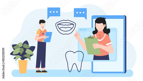 Tele-dentistry Consultation for Oral Health. Flat Vector Illustration