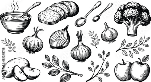 Vegetable and Food Ingredients Line Art Illustration Set.