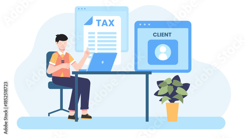 Remote Tax Preparer Filing for a Client. Flat Vector Illustration