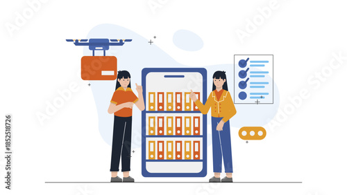 Smart Public Library with Book Delivery Drones. Flat Vector Illustration
