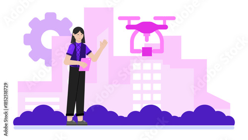 Smart Public Library with Book Delivery Drones. Flat Vector Illustration