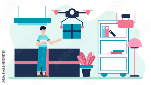 Smart Public Library with Book Delivery Drones. Flat Vector Illustration