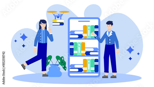 Smart Public Library with Book Delivery Drones. Flat Vector Illustration
