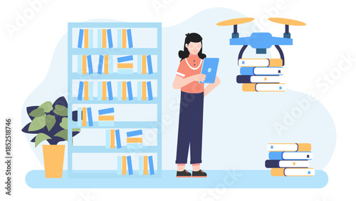 Smart Public Library with Book Delivery Drones. Flat Vector Illustration