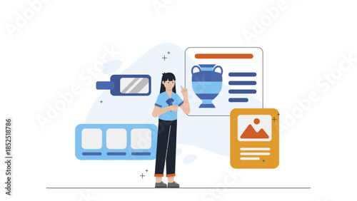 Virtual Reality Historical Reenactment for Education. Flat Vector Illustration