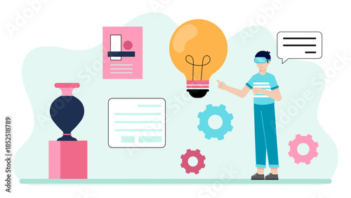 Virtual Reality Historical Reenactment for Education. Flat Vector Illustration