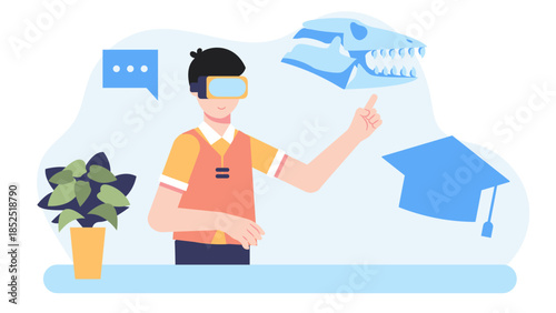 Virtual Reality Historical Reenactment for Education. Flat Vector Illustration