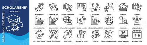 Scholarship icon collection set. Containing financial aid,tuition assistance,grant,fellowship,award,bursary,stipend icon