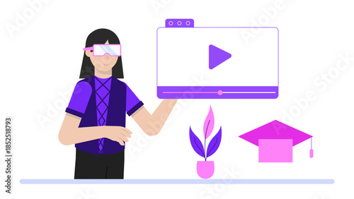 Virtual Reality Historical Reenactment for Education. Flat Vector Illustration
