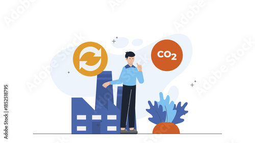 Sustainable Company Using Algae for Carbon Capture. Flat Vector Illustration