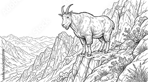 A black and white illustration of a goat standing on a rocky cliffside with mountains in the background and a clean white space.