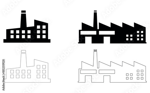 Collection of various industrial factory building silhouettes and outline icons representing manufacturing and energy production