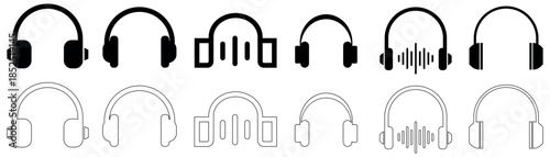 Diverse black and outline headphone icons with sound wave elements for music and audio playback