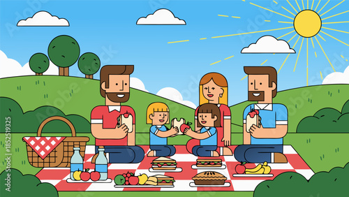 Joyful Family Picnic Scene with Two Dads and Children Enjoying a Sunny Day Outdoors