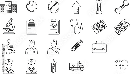 Medical and hospital line icon set featuring doctors, pills, syringe, ambulance, wheelchair and healthcare equipment symbols in clean outline vector style