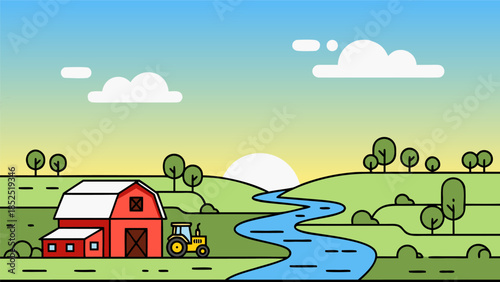 Charming Rural Landscape Illustration with a Red Barn, Tractor, and Winding River Under a Sunny Sky