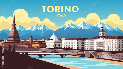 Torino, Italy A Stunning Vector Illustration of the Cityscape with the Alps in the Background