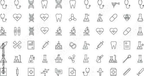 Medical science and healthcare line icon set featuring DNA, laboratory equipment, dentistry, cardiology, pills and clinical research symbols in clean outline vector style