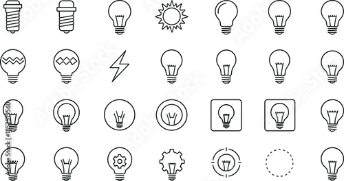 Light bulb and energy line icon set featuring ideas, electricity, innovation, power concepts and creative thinking symbols in clean minimal outline vector style