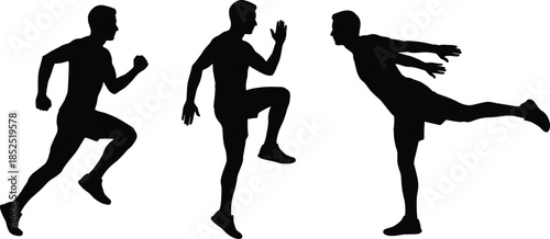 Athletic male silhouettes performing dynamic fitness exercises, running jumping balancing poses, black human figures isolated on white background studio illustration