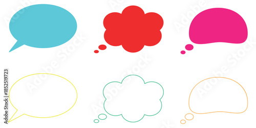 Vibrant collection of diverse colorful speech bubbles and thought clouds graphic design elements for communication and dialogue