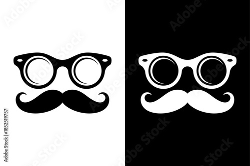 Face with Glasses and Mustache Silhouette. Cartoon Vector Icon Black White