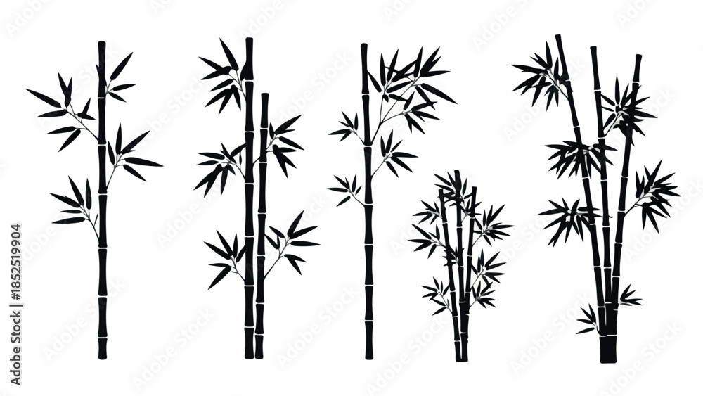 Obraz premium Set of black bamboo trees and leaves silhouettes on a white background.