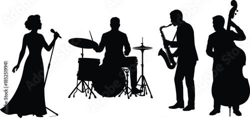 Jazz band silhouettes performing live music, singer drummer saxophonist bassist ensemble isolated on white background illustration vector design graphic concept