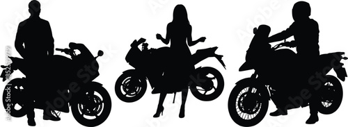 Motorcycle rider silhouettes with sport bikes, men and woman posing standing sitting isolated on white background illustration design vector graphic