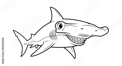 A black and white cartoon illustration of a grinning hammerhead shark with sharp teeth, presented as a line art drawing for coloring.