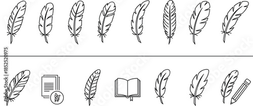 Feather quill pen line icon set featuring writing, literature, poetry and creative storytelling symbols in clean minimal black outline vector style