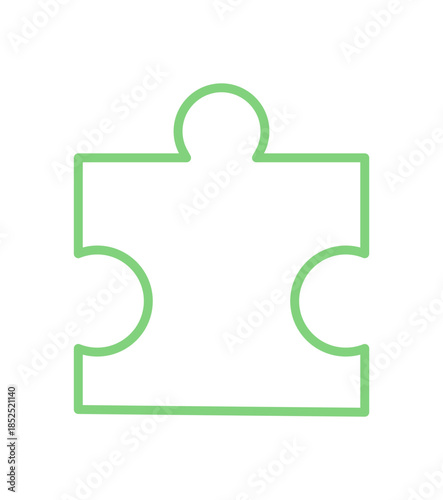 Green silhouette of jigsaw puzzle piece. Flat outline of puzzle tile for boardgame concepts. Fun toy design for leisure, table activities, and childhood entertainment. Simple style graphic element