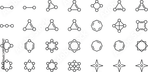 Abstract geometry and network line icon set featuring connected nodes, molecular structures, symmetry shapes and minimal scientific design elements in clean outline vector style