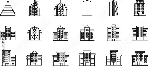 City buildings and architecture line icon set featuring skyscrapers, offices, urban landmarks and real estate property symbols in clean outline vector style