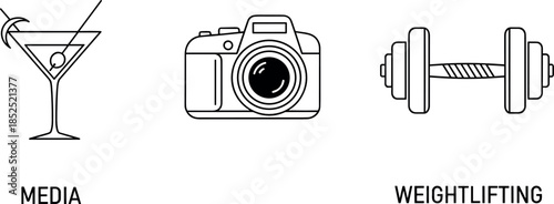 Lifestyle hobby line icon set featuring media entertainment, photography camera and weightlifting fitness symbols in clean minimal black outline vector style