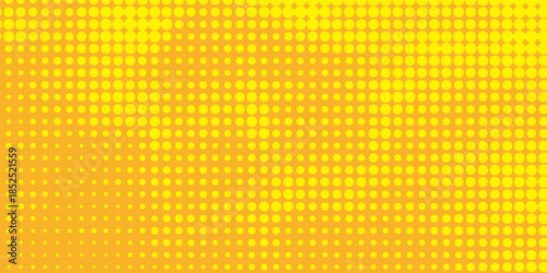 Yellow halftone pattern. Retro comic gradient background. Bright orange pixelated dotted texture overlay. Cartoon pop art faded gradient pattern. Vector backdrop for poster, eps10