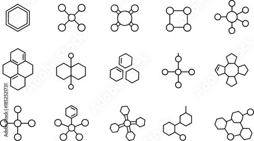 Molecular structure and chemical network line icon set featuring atoms, bonds, hexagon shapes and abstract science symbols in clean minimal outline vector style